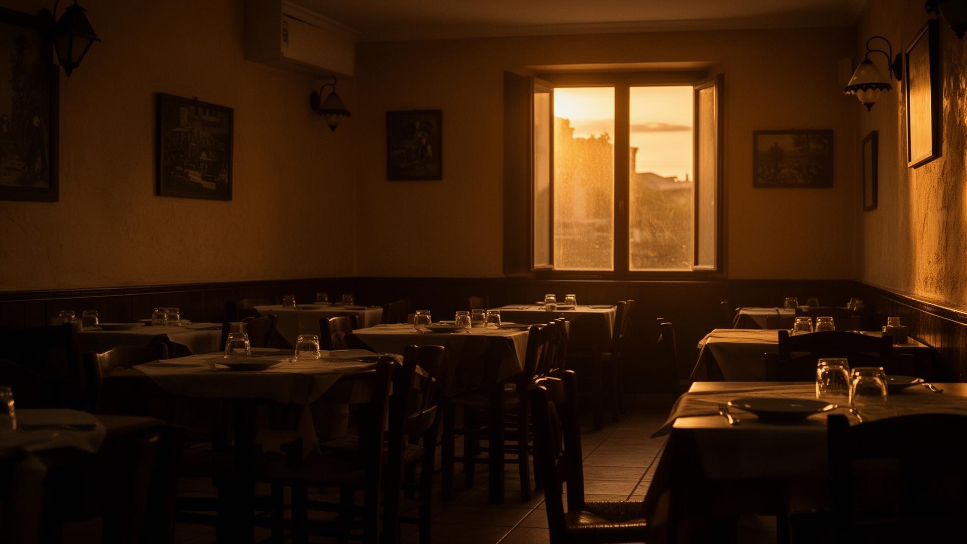 Interior de restaurante vacío al atardecer